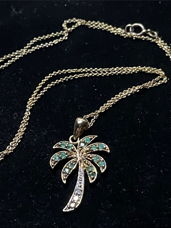 Jewelry - VTG FAS Sterling Silver Gold-Toned Palm Tree Pendant Necklace – Green Stones